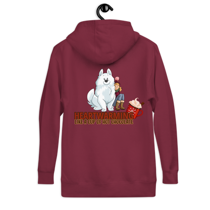 Unisex-Kapuzenpullover "Heartwarming" - ein kuscheliger, maroonroter Kapuzenpullover mit einem niedlichen Hundemotiv und dem Schriftzug "Heartwarming like a cup of hot chocolate" von Klexgetier, dem Webshop für Hundeliebhaber und Sportbegeisterte.