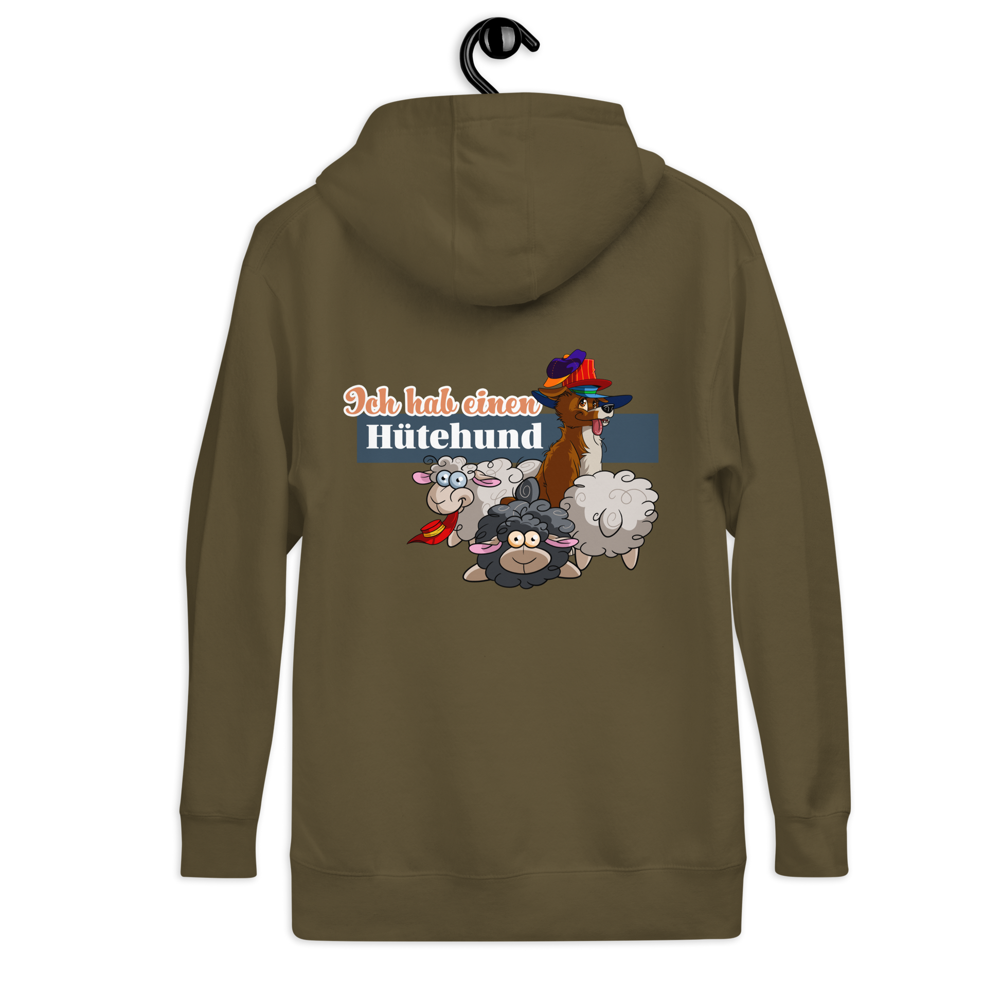 Unisex-Kapuzenpullover "Hütehund" - lustiger Cartoon-Hund im Cowboyhut ziert das khakifarbene Kleidungsstück des Sportbekleidungs-Herstellers Klexgetier.