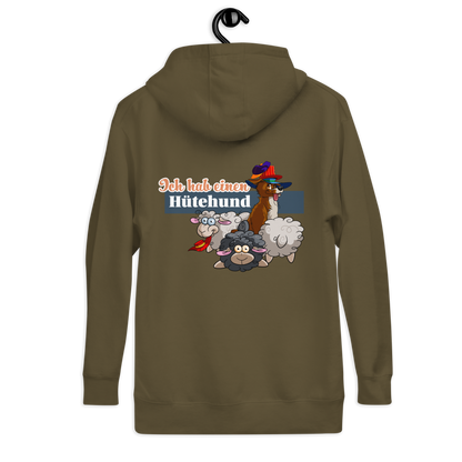 Unisex-Kapuzenpullover "Hütehund" - lustiger Cartoon-Hund im Cowboyhut ziert das khakifarbene Kleidungsstück des Sportbekleidungs-Herstellers Klexgetier.