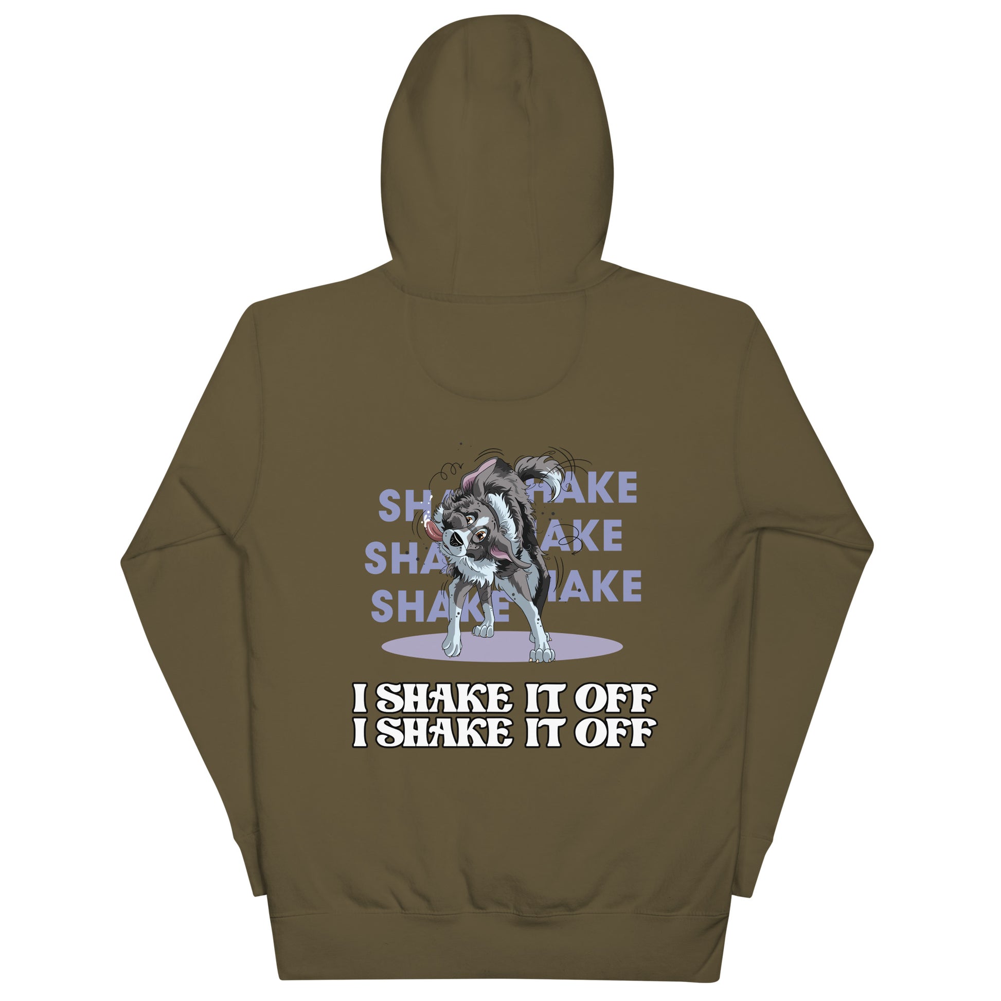 Unisex-Kapuzenpullover mit Motiv "Shake it off" von Klexgetier, einem Onlineshop für Hundefanartikel und Sportbekleidung. Der Pullover in khakifarbe zeigt ein Comic-Design eines Hundes mit Slogan "I shake it off, I shake it off".