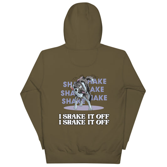 Unisex-Kapuzenpullover mit Motiv "Shake it off" von Klexgetier, einem Onlineshop für Hundefanartikel und Sportbekleidung. Der Pullover in khakifarbe zeigt ein Comic-Design eines Hundes mit Slogan "I shake it off, I shake it off".