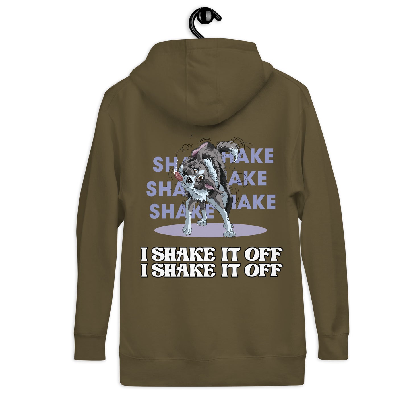 Hochwertiger unisex Kapuzenpullover "Shake it" von Klexgetier. Das Design zeigt ein wildes Wolfsmotiv mit dem Spruch "Shake it off, shake it off" auf olivgrünem Hintergrund. Ein modischer und bequemer Sportpullover für Hundebesitzer und Agility-Fans.