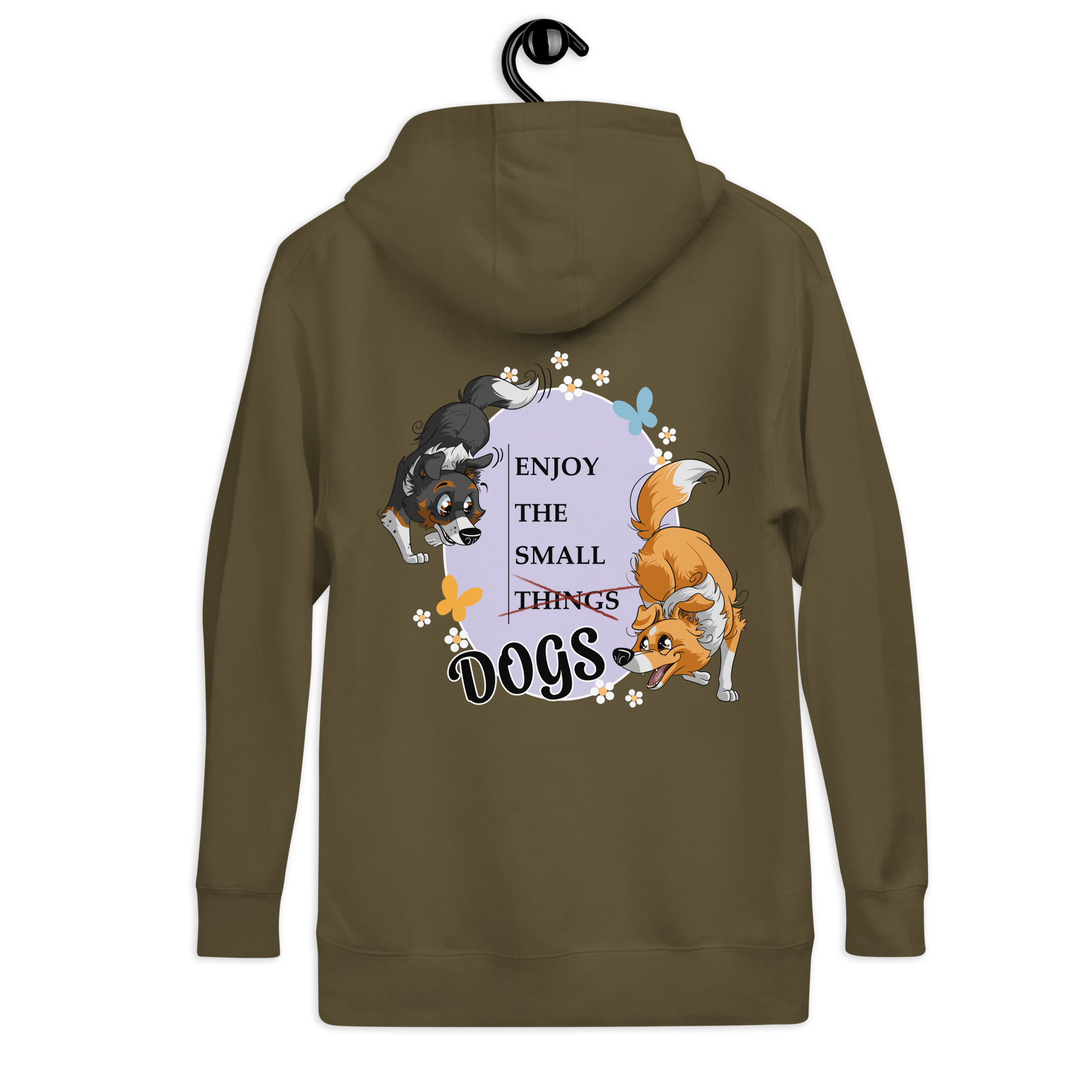 Unisex-Kapuzenpullover "Small Things Shelties" von der Marke Klexgetier. Auf dem dunkelgrünen Pullover sind mehrere Hunde in verschiedenen Farben und Rassen abgebildet, die von kleinen Blumen und Pfoten umgeben sind. Der Schriftzug "ENJOY THE SMALL THINGS DOGS" ist zentral platziert.