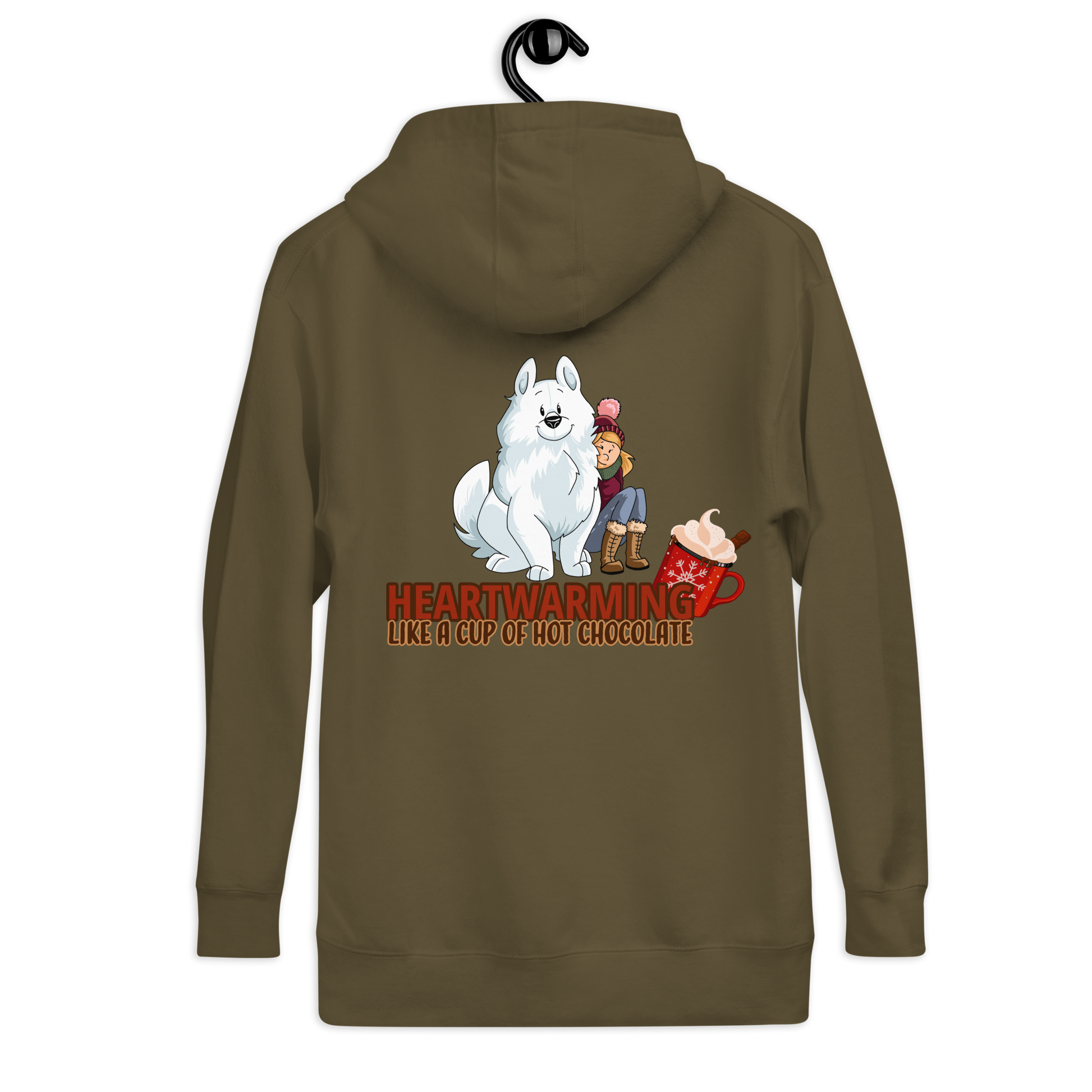 Unisex-Kapuzenpullover "Heartwarming" mit Illustration von Sportsbegeistertem und seinem Hund auf dunkelgrünem Hintergrund