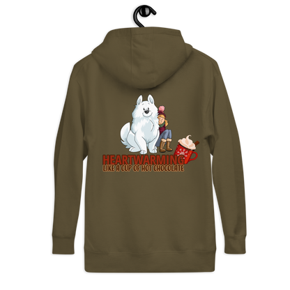 Unisex-Kapuzenpullover "Heartwarming" mit Illustration von Sportsbegeistertem und seinem Hund auf dunkelgrünem Hintergrund