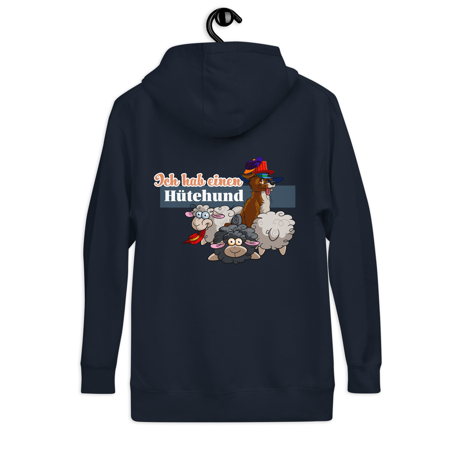 Modischer Unisex-Kapuzenpullover mit dem Motiv eines Hütehundes und der Aufschrift "Ich bin dein Hütehund" in deutscher Sprache. Das Kleidungsstück ist in dunkler Farbe gehalten und bietet ein stilvolles Design für Hundefreunde und Sportbegeisterte.