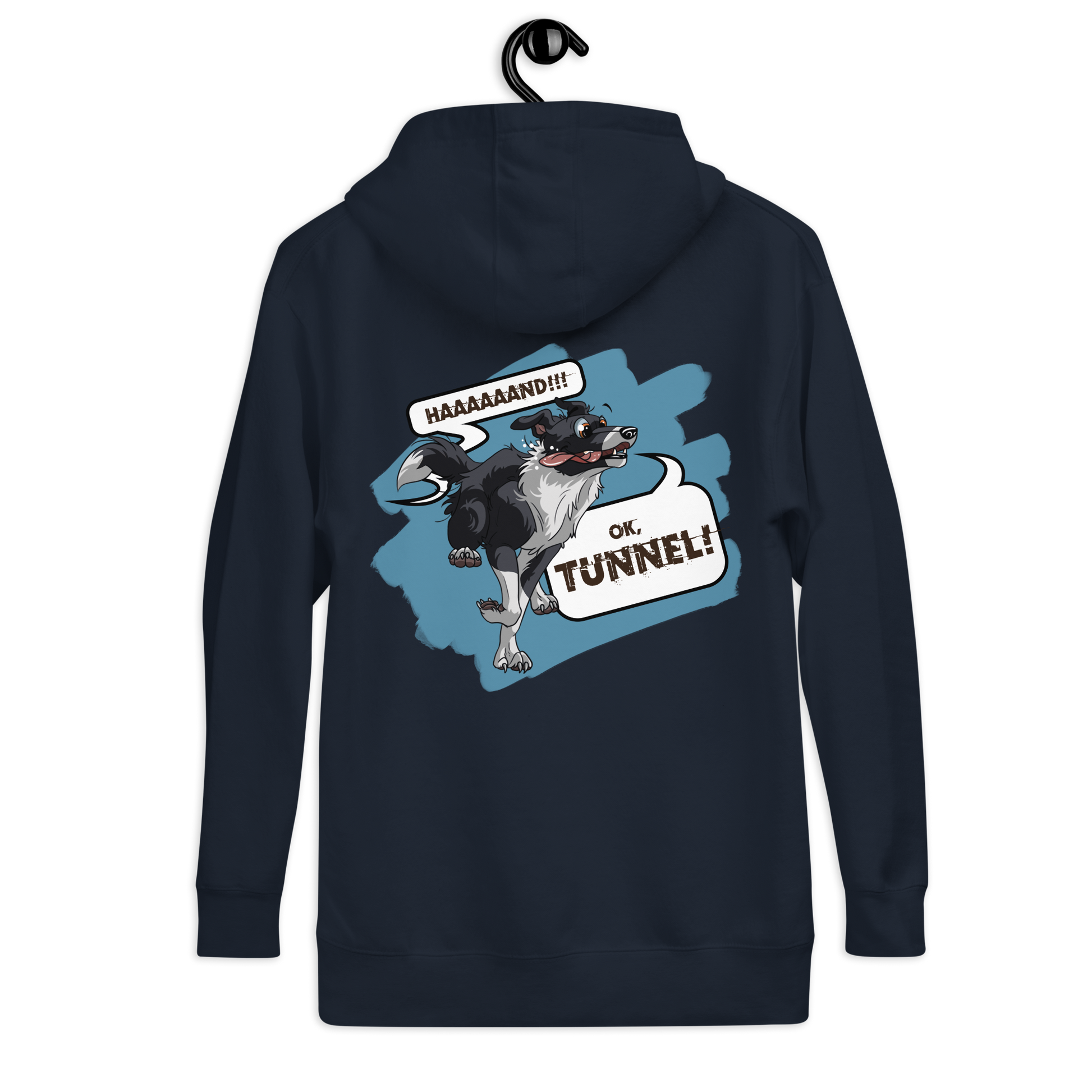 Unisex-Kapuzenpullover mit Border-Collie-Motiv und der Aufschrift "Ok, Tunnel!"