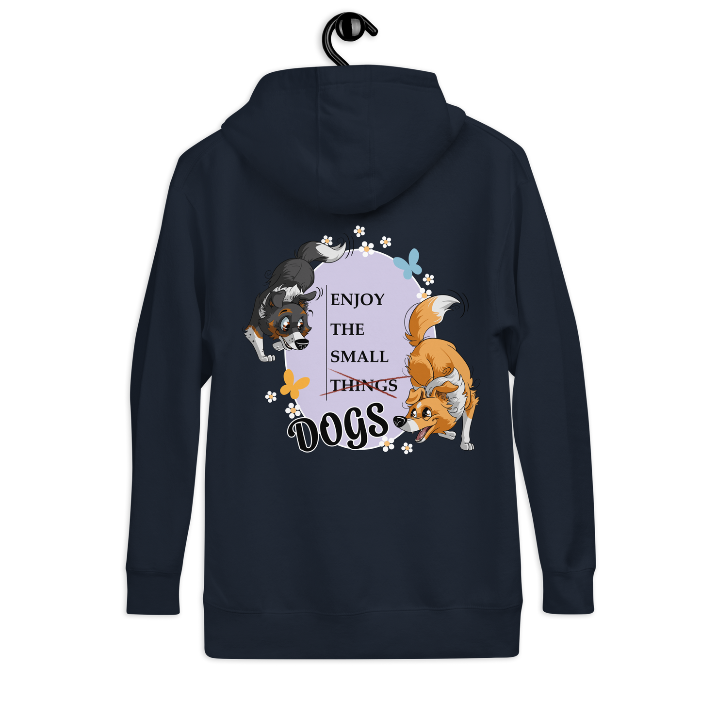 Unisex-Kapuzenpullover mit grafischer Hundemotiv-Gestaltung. Der Kapuzenpullover zeigt verschiedene Hunderassen wie Shelties umgeben von Blumen und Sternen. Der Schriftzug "ENJOY THE SMALL THINGS DOGS" ist prominent platziert. Das Produkt ist in einem eleganten Dunkelblau gehalten und wurde vom deutschen Markenunternehmen Klexgetier entworfen, das sich auf personalisierte Sportbekleidung und Accessoires für Hundehalter spezialisiert hat.