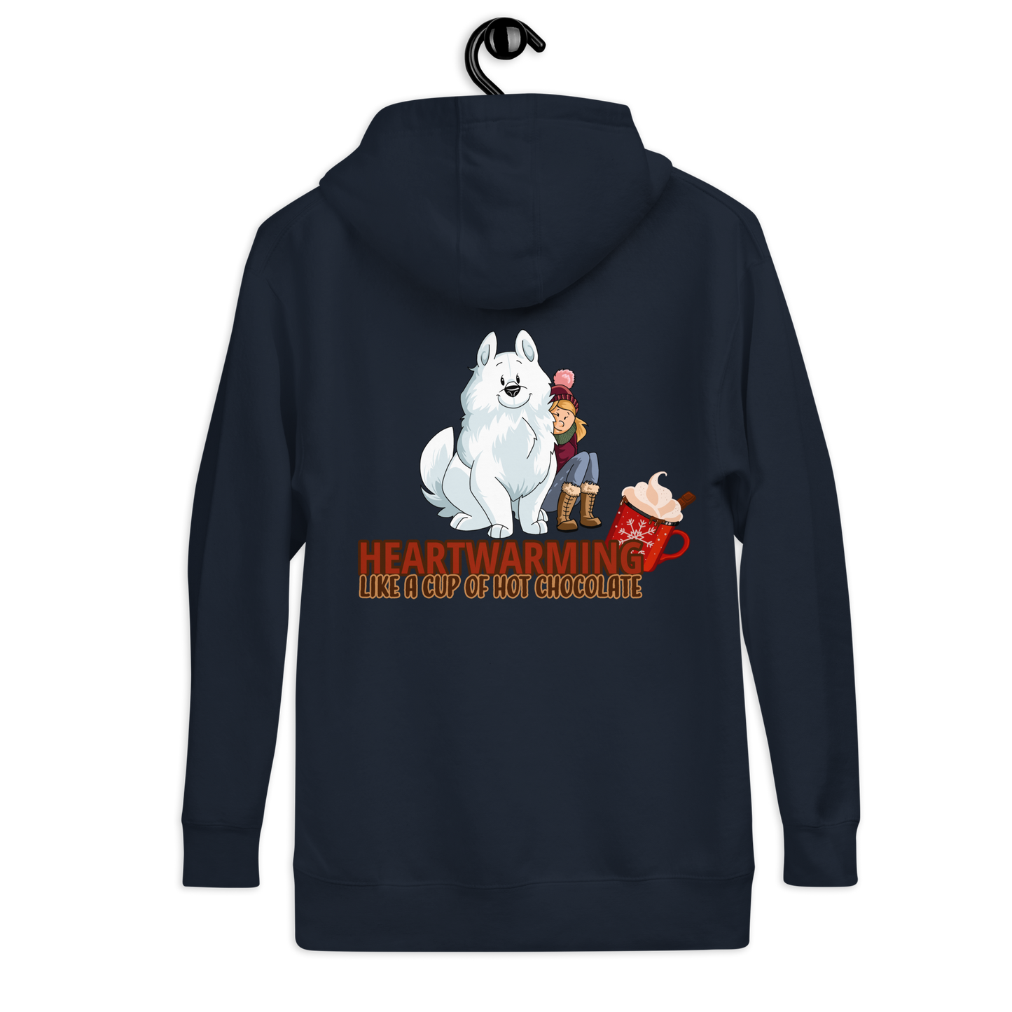 Unisex-Kapuzenpullover "Heartwarming" von Klexgetier mit Illustration von einem süßen Hund und einer Katze, die zusammen eine Tasse Schokolade genießen.