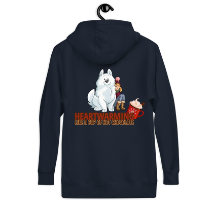 Unisex-Kapuzenpullover "Heartwarming" von Klexgetier mit Illustration von einem süßen Hund und einer Katze, die zusammen eine Tasse Schokolade genießen.