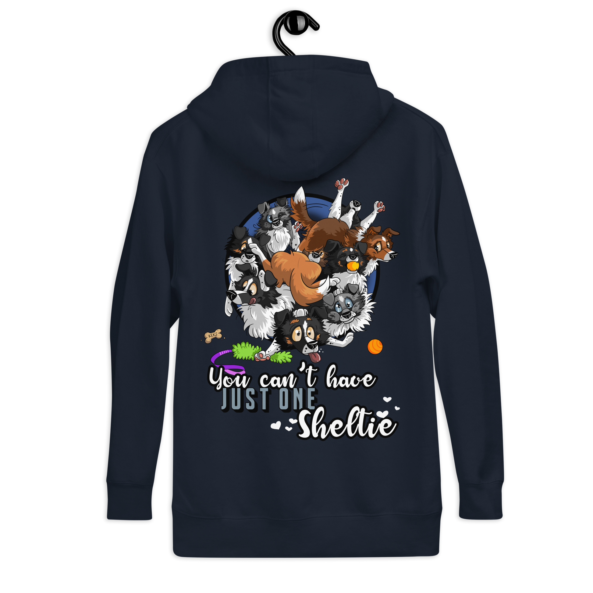 Hübscher Unisex-Kapuzenpullover "Just one Sheltie" in dunkler Farbe, auf dem eine Collage verschiedener Hunde-Rassen zu sehen ist. Der Spruch "You can't have just one Sheltie" verleiht dem Pullover einen humorvollen und liebenswerten Touch für Hundeliebhaber.