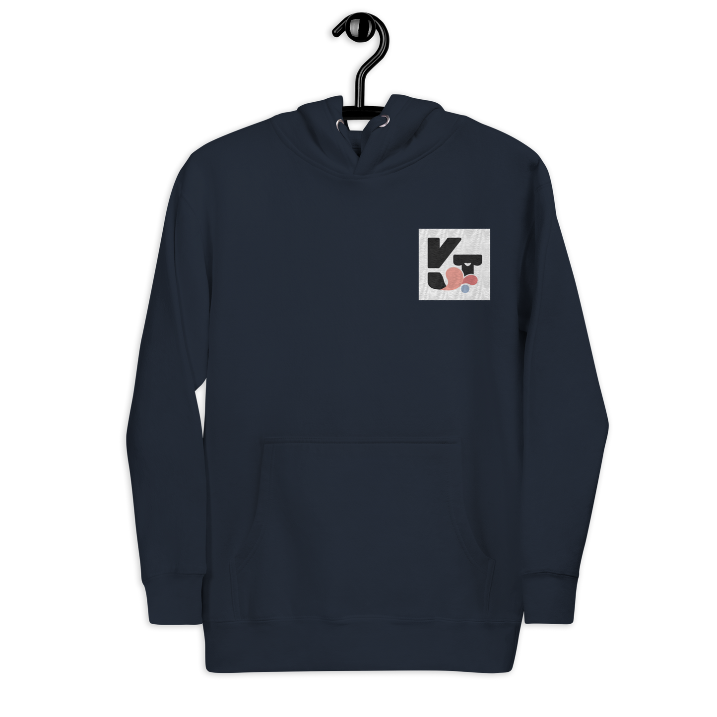 Unisex-Kapuzenpullover "Hütehund" von der Marke Klexgetier. Der dunkelblaue Pullover mit der grafischen Hundeillustration auf dem Ärmel ist ideal für Hundeliebhaber und Agility-Sportler.