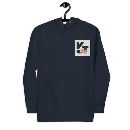 Modisch-sportlicher Unisex-Kapuzenpullover in Dunkelblau mit Logo-Print der Marke "Klexgetier"