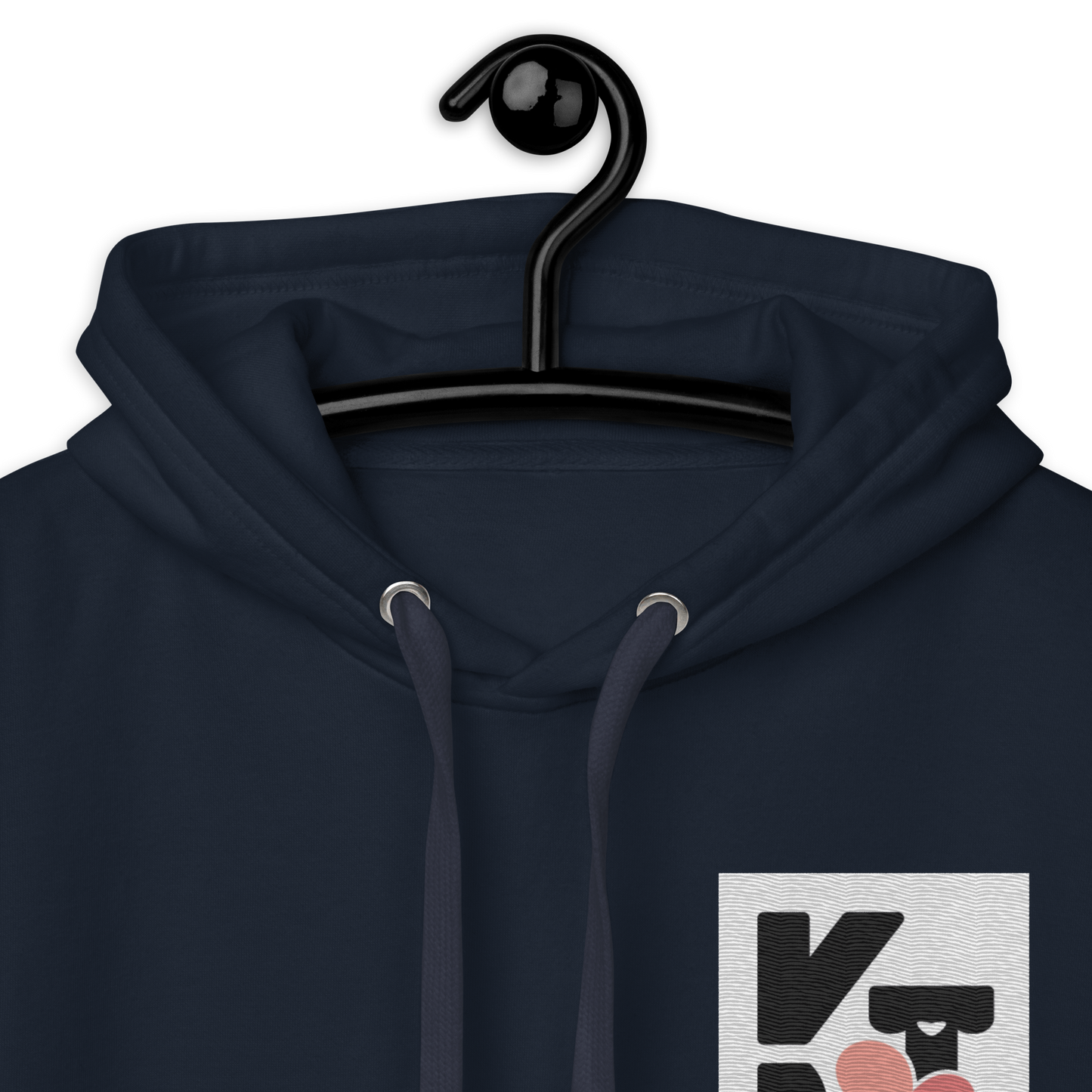 Modischer Unisex-Kapuzenpullover in Dunkelblau mit stilisiertem "K" und Herz-Grafik - ein hochwertiges Sportswear-Stück von Klexgetier, dem Webshop für Hundeliebhaber und Sportbegeisterte.