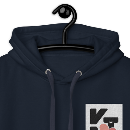 Modischer Unisex-Kapuzenpullover in Dunkelblau mit stilisiertem "K" und Herz-Grafik - ein hochwertiges Sportswear-Stück von Klexgetier, dem Webshop für Hundeliebhaber und Sportbegeisterte.