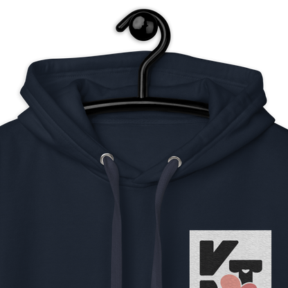 Modischer Unisex-Kapuzenpullover "Tunnelrumps" der Marke Klexgetier. Der dunkelblau gefärbte Hoodie zeigt ein markantes Logo-Design auf der Vorderseite, wodurch er ein auffälliges, sportives Aussehen erhält.