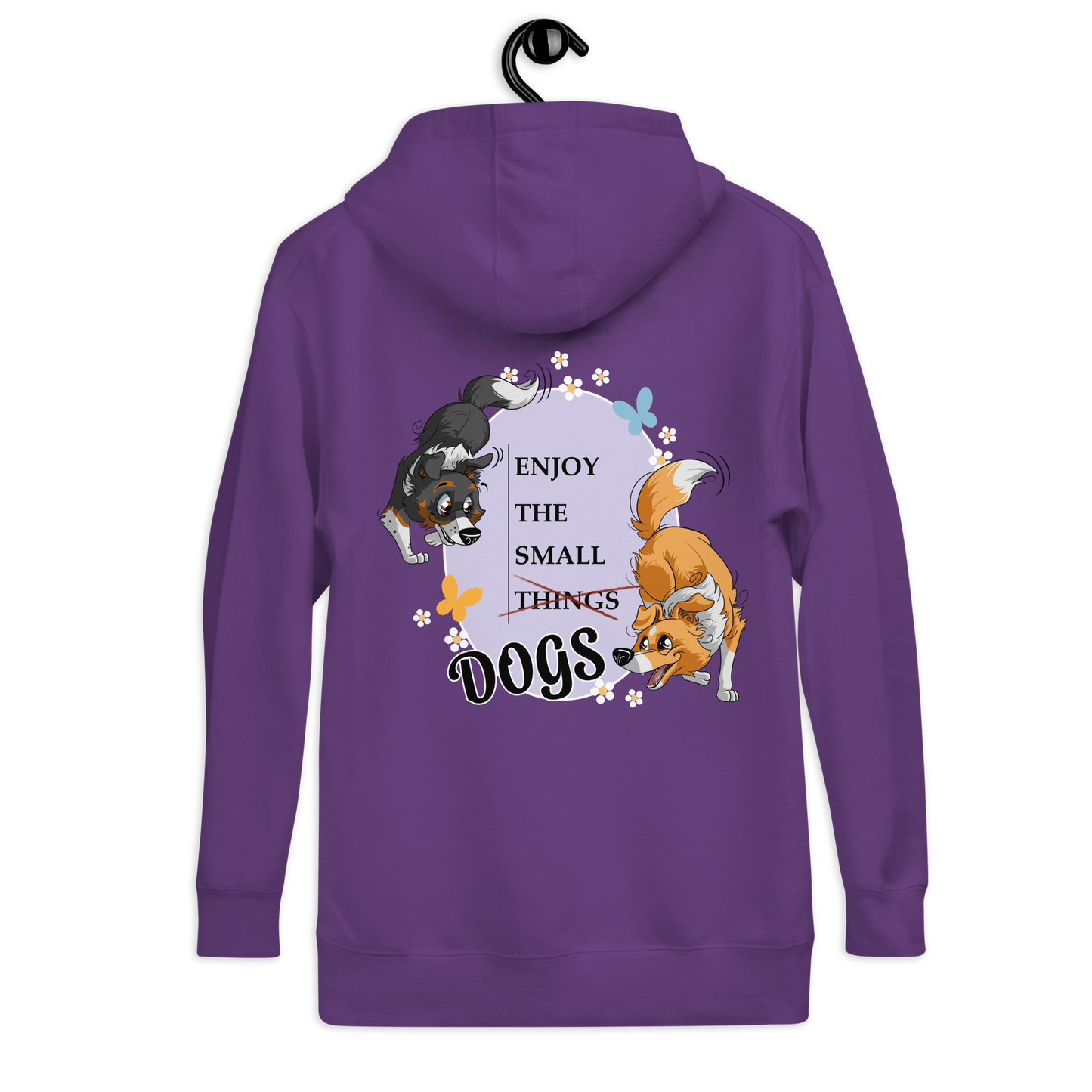 Unisex-Kapuzenpullover "Small Things Shelties" von Klexgetier, mit einem bunten Grafikaufdruck von Hunden und der Aufschrift "Enjoy the small things Dogs"