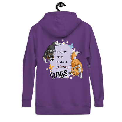 Unisex-Kapuzenpullover "Small Things Shelties" von Klexgetier, mit einem bunten Grafikaufdruck von Hunden und der Aufschrift "Enjoy the small things Dogs"