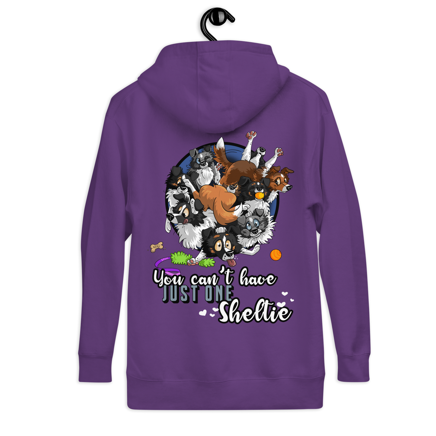 Violetter Unisex-Kapuzenpullover mit niedlichen Shelties und Aufschrift "You can't have just one Sheltie" von der Marke Klexgetier, dem Webshop für Hundeliebhaber und Sportbegeisterte.