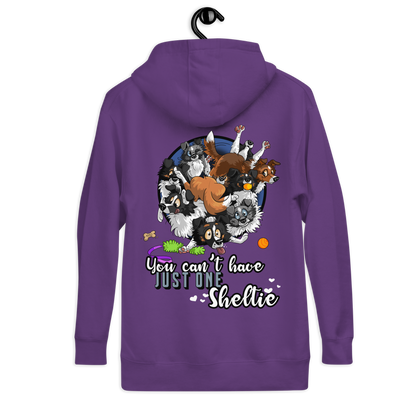 Violetter Unisex-Kapuzenpullover mit niedlichen Shelties und Aufschrift "You can't have just one Sheltie" von der Marke Klexgetier, dem Webshop für Hundeliebhaber und Sportbegeisterte.