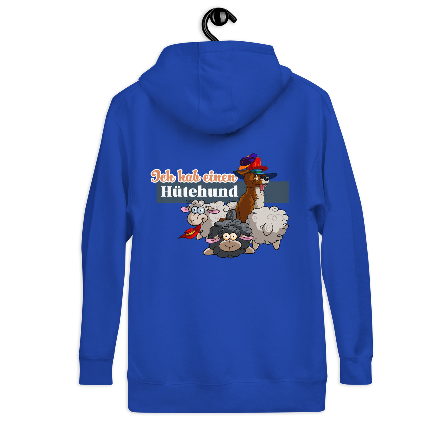 Hochwertiger Unisex-Kapuzenpullover mit Motiv "Hütehund" in leuchtendem Blau von der Marke Klexgetier. Auf dem Pullover ist ein lustiges Cartoon-Motiv eines Hirtenhundes und seiner Schafherde zu sehen. Das Produkt ist ideal für Hundeliebhaber und Sportbegeisterte im Agility-Hundesport geeignet.