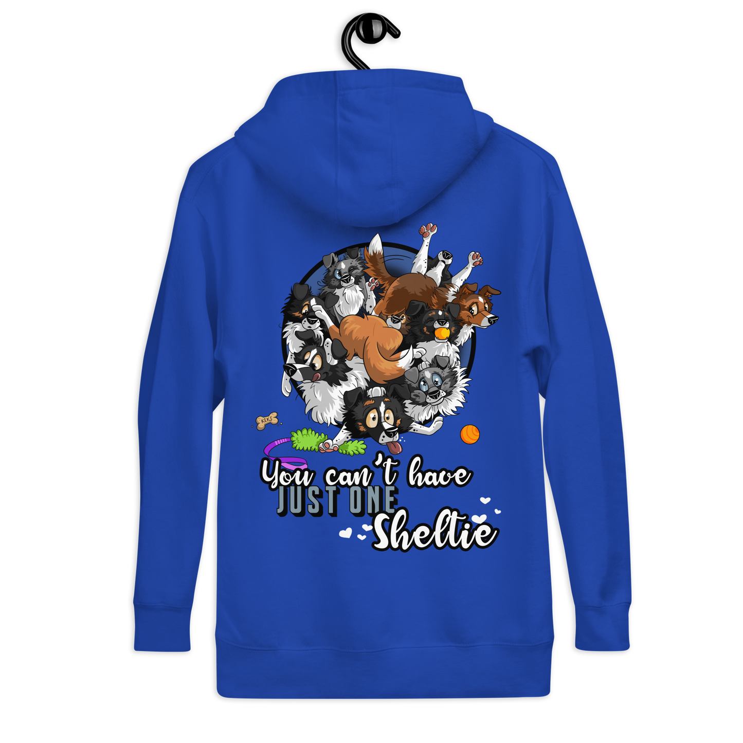 Unisex-Kapuzenpullover "Just one Sheltie" von Klexgetier. Buntgemischte Shelties auf blauem Hintergrund.