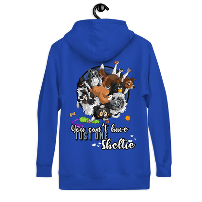 Unisex-Kapuzenpullover "Just one Sheltie" von Klexgetier. Buntgemischte Shelties auf blauem Hintergrund.