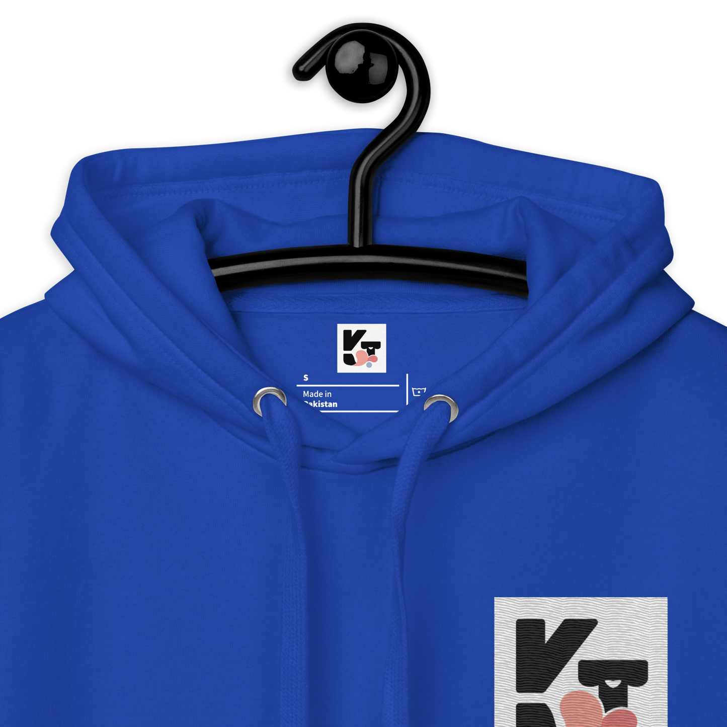 Unisex-Kapuzenpullover "Hütehund" von Klexgetier - Blaues Oberteil mit großem Aufdruck des Markenlogos