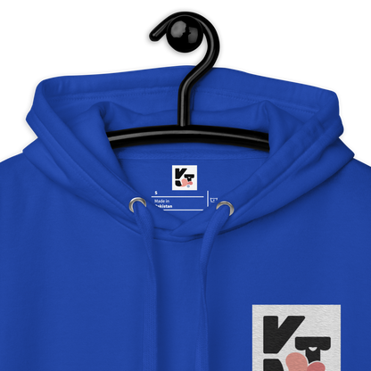 Unisex-Kapuzenpullover "Hütehund" von Klexgetier - Blaues Oberteil mit großem Aufdruck des Markenlogos