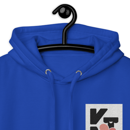 Unisex-Kapuzenpullover mit "Just one Sheltie"-Aufdruck in knalligem Blau von der Marke Klexgetier. Der Pullover ist auf einem Kleiderbügel vor weißem Hintergrund zu sehen.