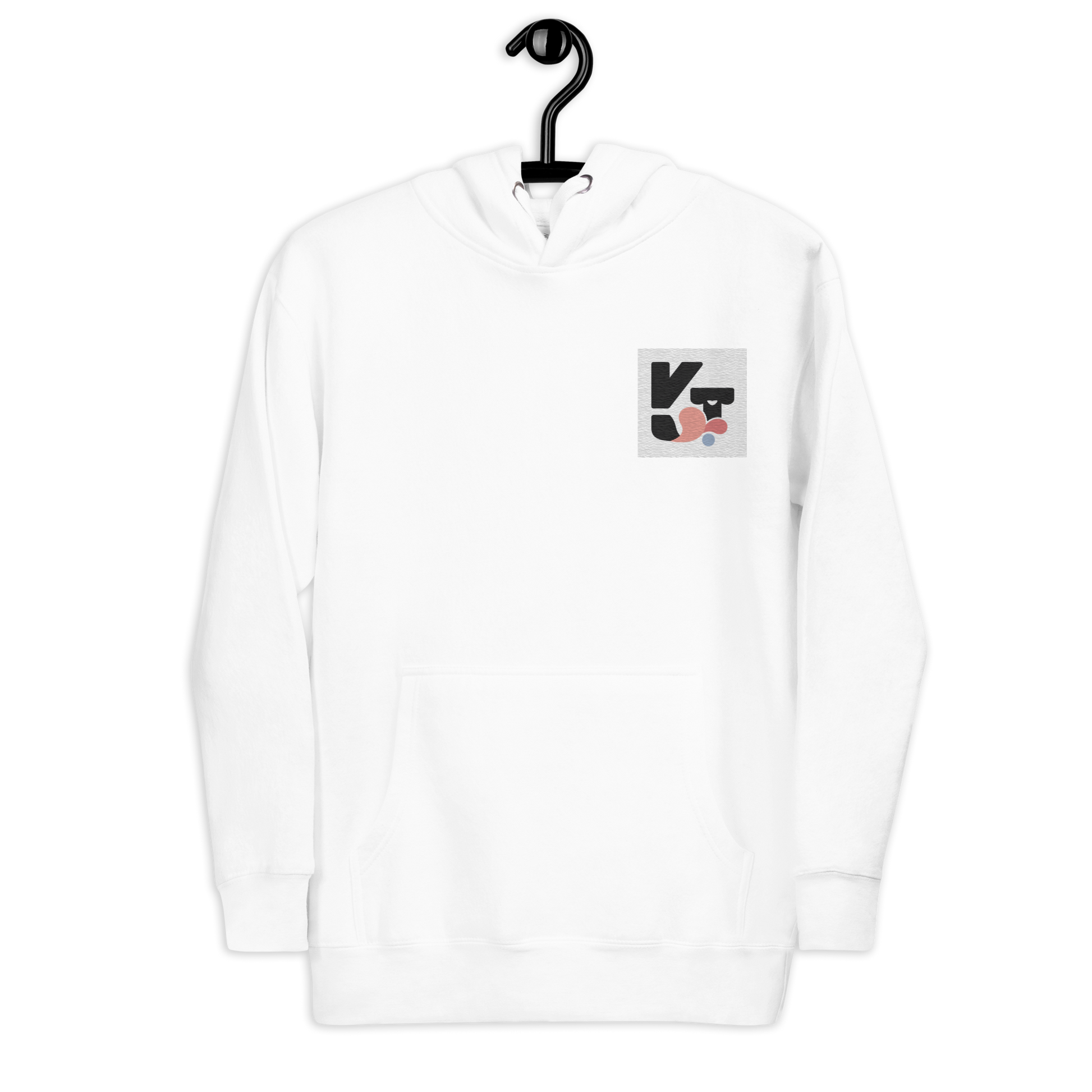 Unisex-Kapuzenpullover mit stilisiertem Hütehund-Logo auf weißem Hintergrund