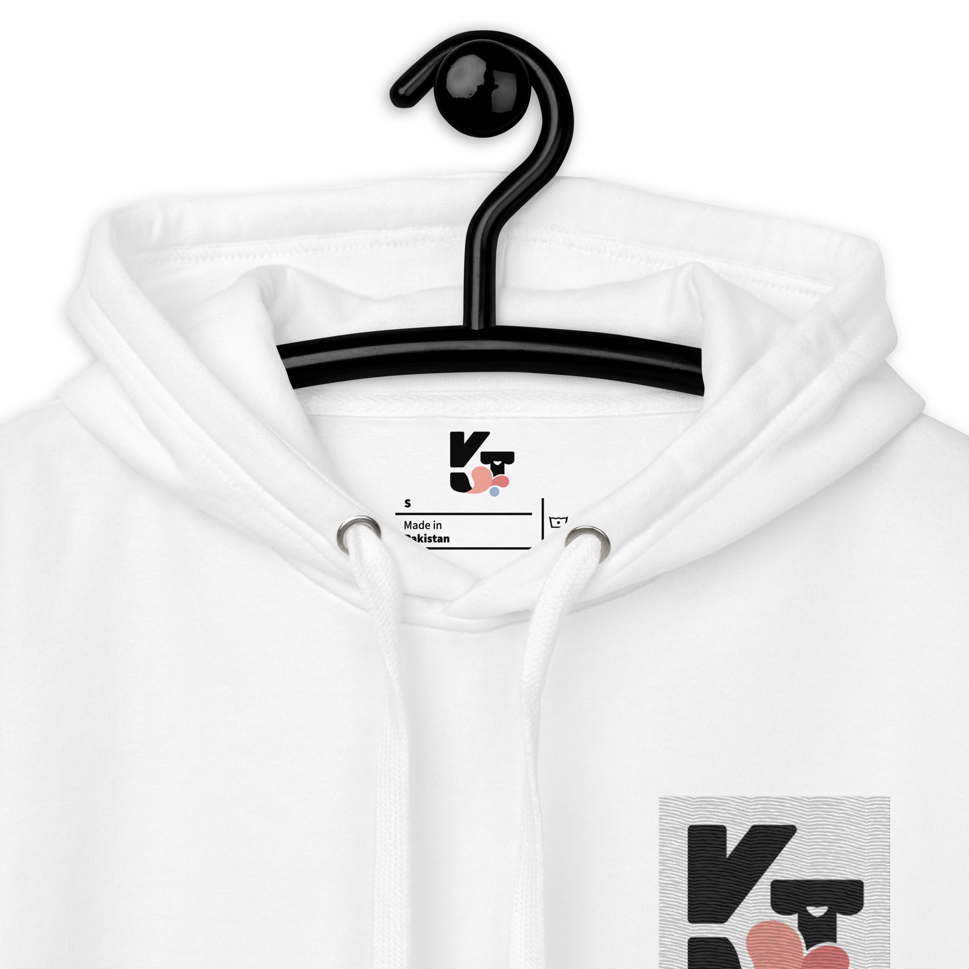 Hochwertiger Unisex-Kapuzenpullover mit intelligentem Design und Branding der Marke "Klexgetier". Der weiße Pullover ist auf einem schwarzen Kleiderbügel präsentiert und zeigt das charakteristische Logo des Outdoor- und Agility-Sportfachgeschäfts.