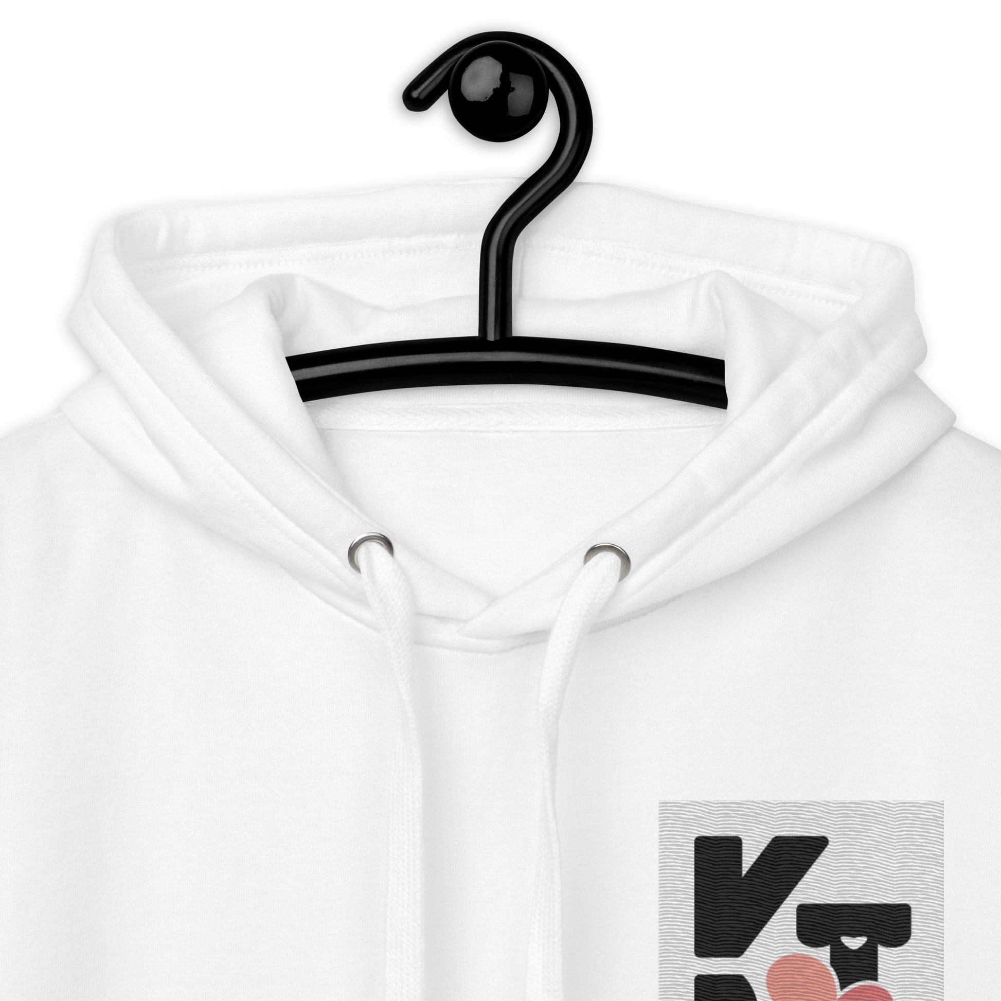 Weißer Unisex-Kapuzenpullover mit Klexgetier-Logo auf der Brust, in der Nahaufnahme präsentiert auf einem schwarzen Kleiderbügel.