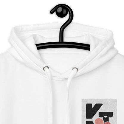 Weißer Unisex-Kapuzenpullover mit Klexgetier-Logo auf der Brust, in der Nahaufnahme präsentiert auf einem schwarzen Kleiderbügel.