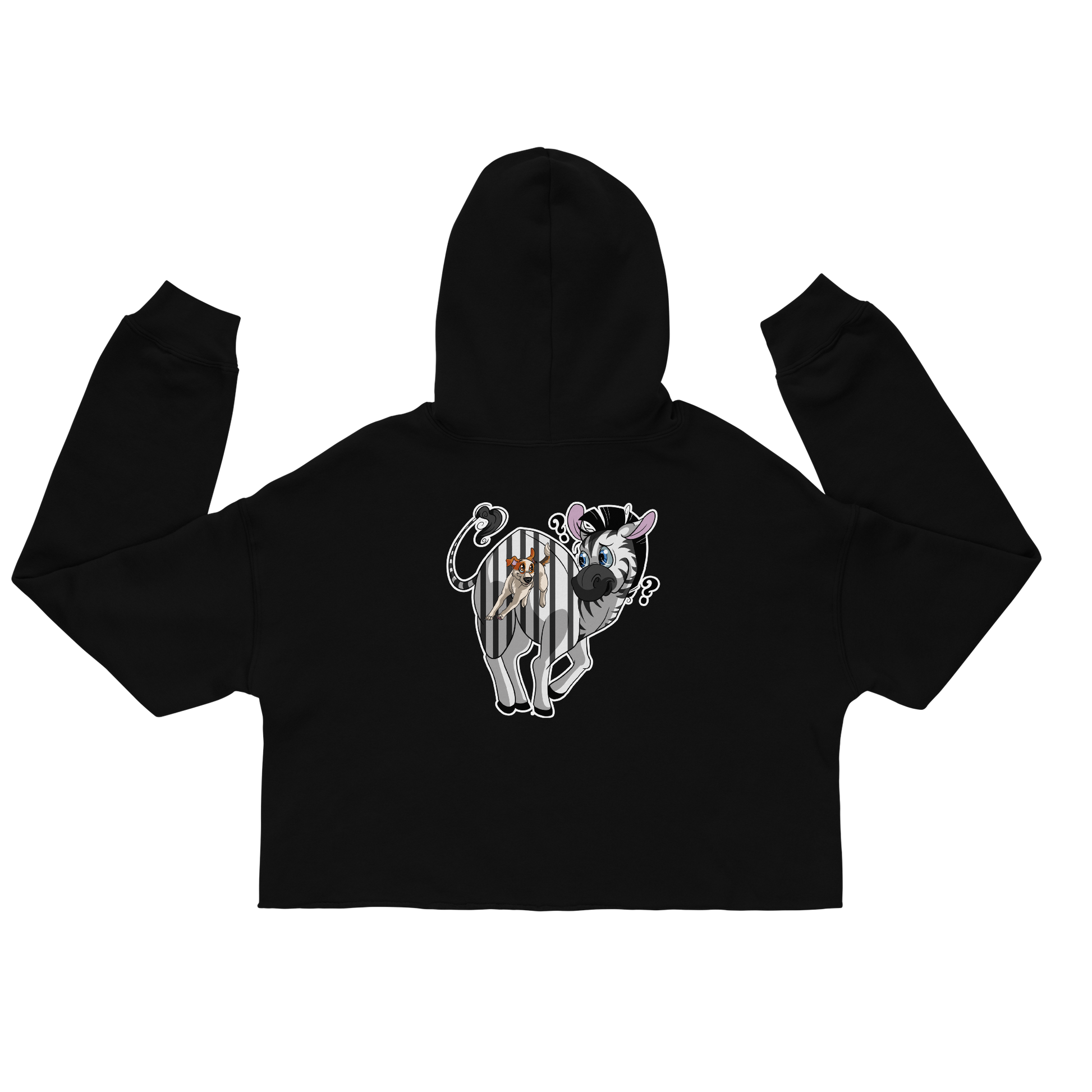 Schwarz-weiß bedruckter Crop-Hoodie "Zebra" von der Marke Klexgetier. Das Produkt ist vor einem schwarzen Hintergrund abgebildet.