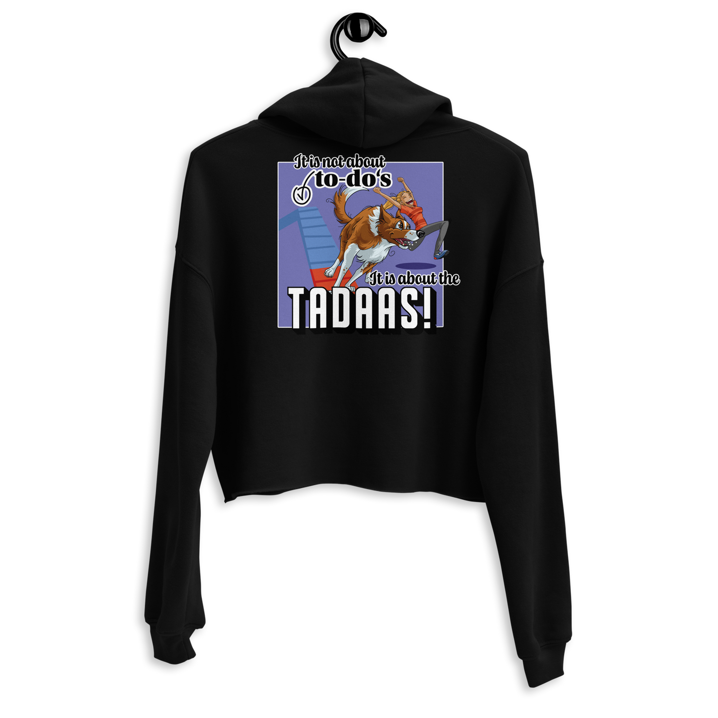 Schwarzer Crop-Hoodie "Tadaaa" von Klexgetier mit farbigem Grafikdruck auf der Vorderseite