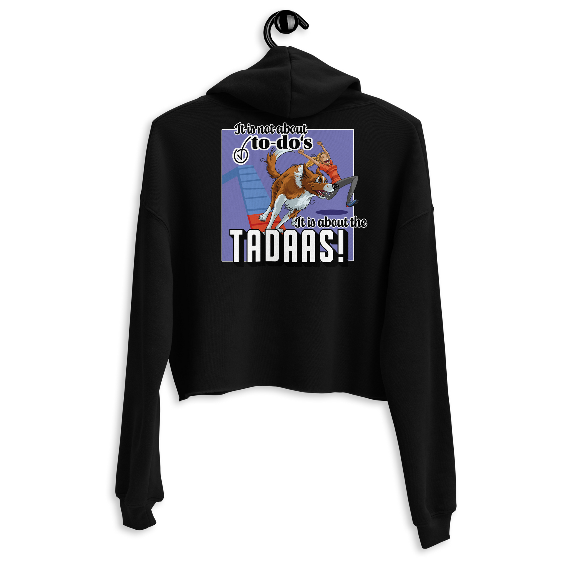 Schwarzer Crop-Hoodie "Tadaaa" von Klexgetier mit farbigem Grafikdruck auf der Vorderseite