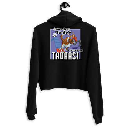 Schwarzer Crop-Hoodie "Tadaaa" von Klexgetier mit farbigem Grafikdruck auf der Vorderseite