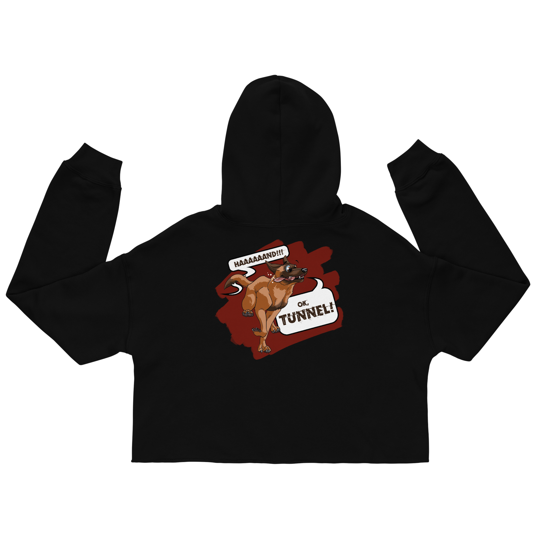 Schwarz-roter Crop-Hoodie mit dem Motiv eines Malinois-Hundes und dem Text "Tunnel" auf dem Känguru-Beutel.