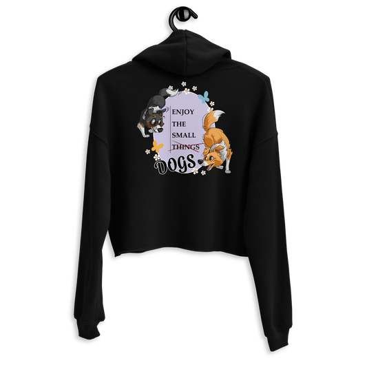 Schwarzer Crop-Hoodie mit Hundeabbildungen und der Aufschrift "Enjoy the Small Things - Dogs"