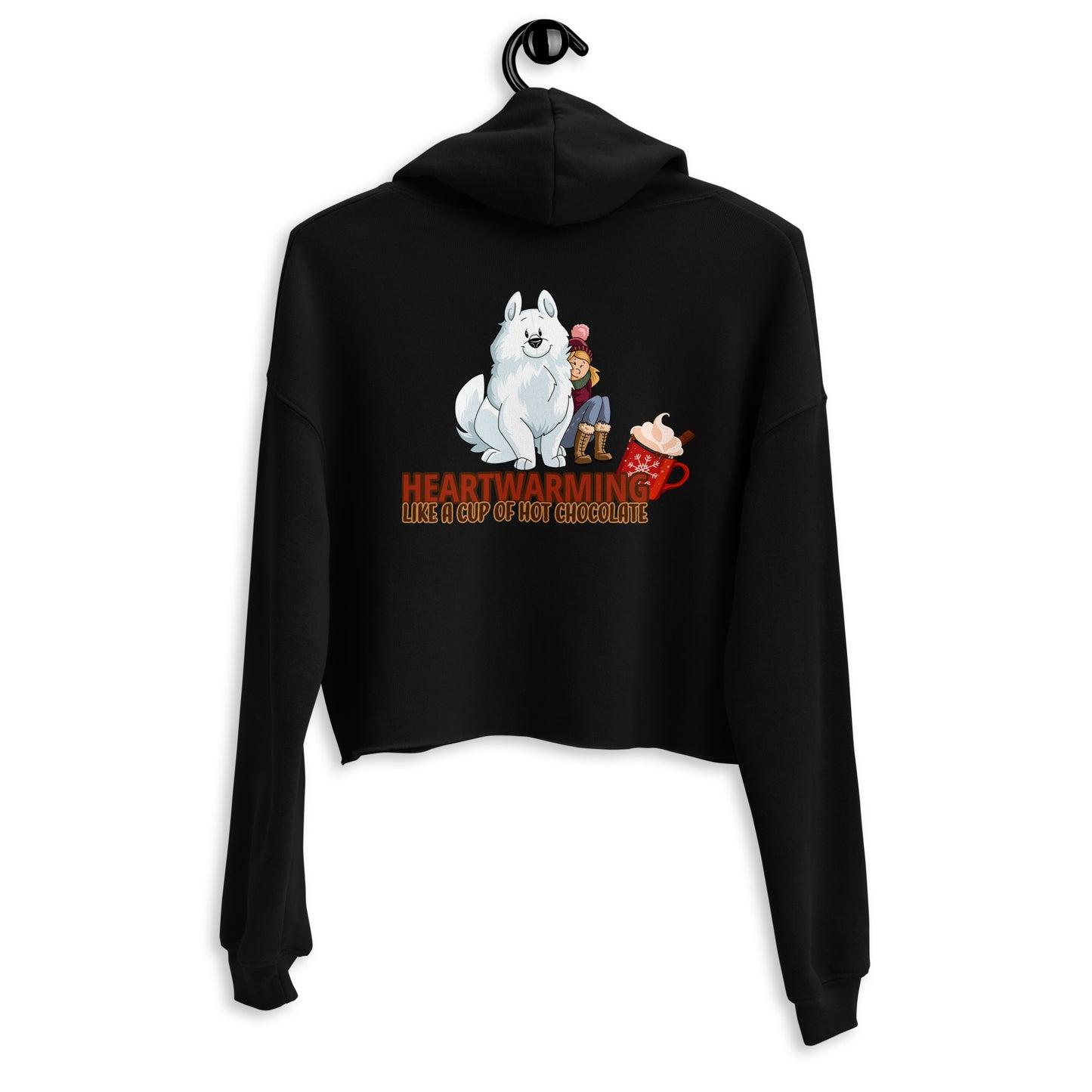 Feuchter Schnappschuss eines gemütlichen Schnee-Pudels mit Weihnachtsmann-Figurgruppe auf einem schwarzen Crop-Hoodie von Klexgetier, dem Webshop für Hundeliebhaber und Sportbegeisterte. Personalisierte und anpassbare Kleidung und Accessoires für kleine und große Sportler.