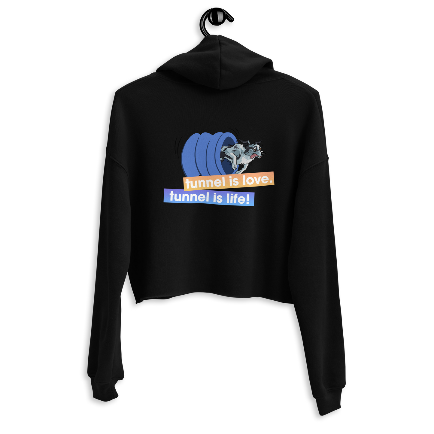 Stylischer Crop-Hoodie "Tunnel is Love" von Klexgetier - modisches Outfit für Hundesportbegeisterte und Sportler mit Tunnel-Motiv