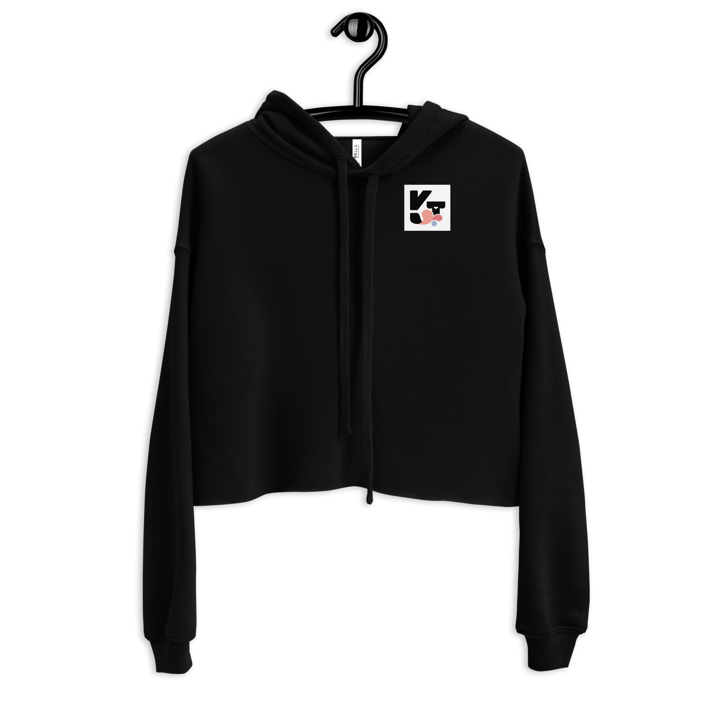 Eleganter Crop-Hoodie "Wocker" von Klexgetier, einem Webshop für Hundeliebhaber und Sportbegeisterte. Mit dem auffälligen Logo-Patch auf der Vorderseite ist dieser schwarze Kurzpullover ein stilvoller Begleiter für aktive Menschen.