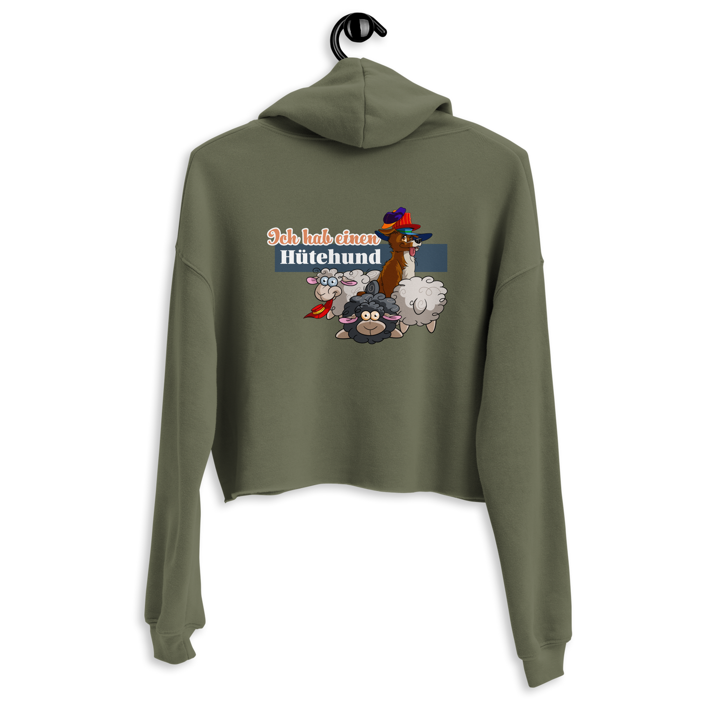 Stilvoller Crop-Hoodie mit grafischem Hütehund-Motiv für Hundeliebhaber und Sportbegeisterte. Das Klexgetier-Logo ist auf dem Rücken des Hoodies zu sehen.