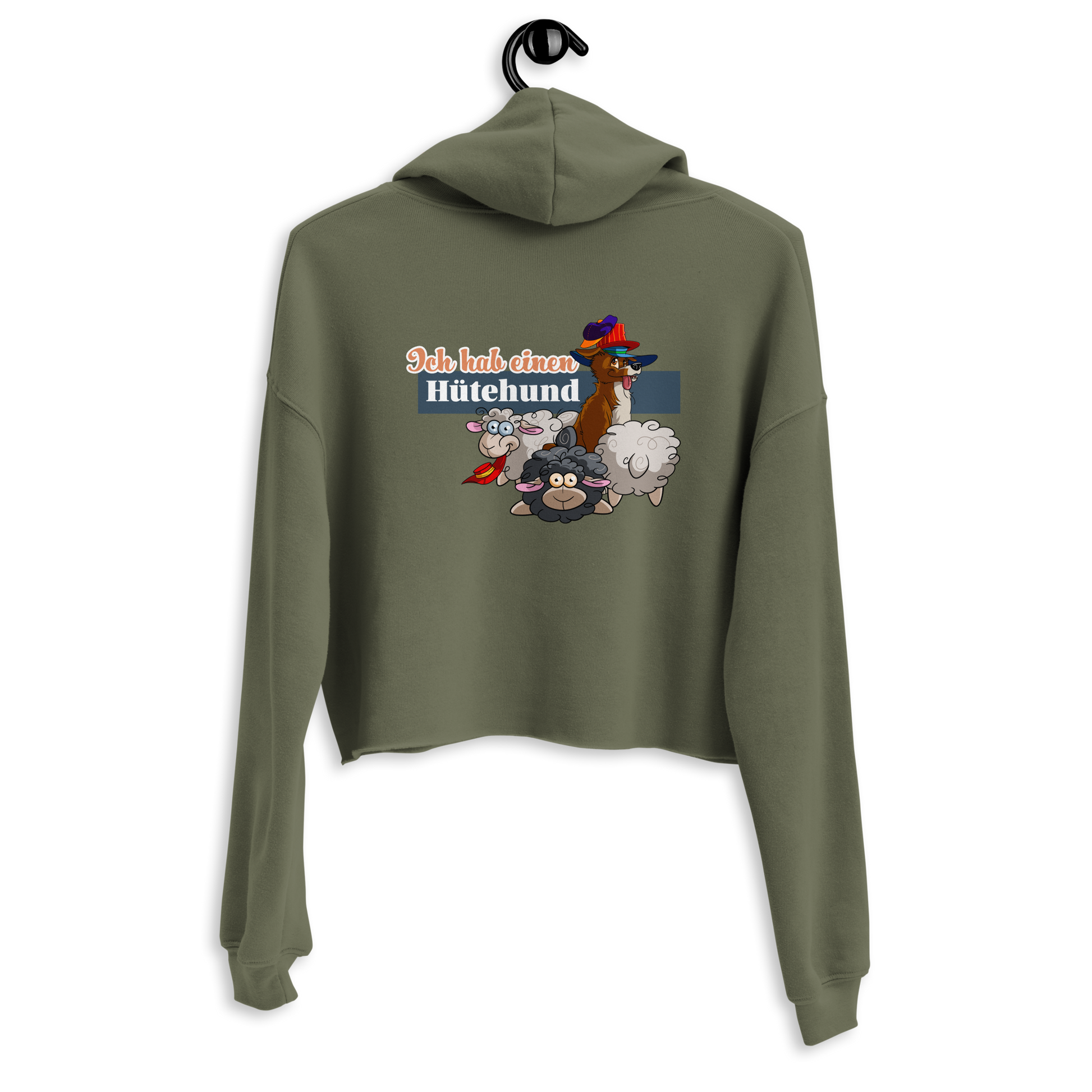 Stilvoller Crop-Hoodie mit grafischem Hütehund-Motiv für Hundeliebhaber und Sportbegeisterte. Das Klexgetier-Logo ist auf dem Rücken des Hoodies zu sehen.