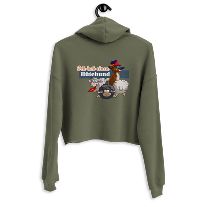 Stilvoller Crop-Hoodie mit grafischem Hütehund-Motiv für Hundeliebhaber und Sportbegeisterte. Das Klexgetier-Logo ist auf dem Rücken des Hoodies zu sehen.