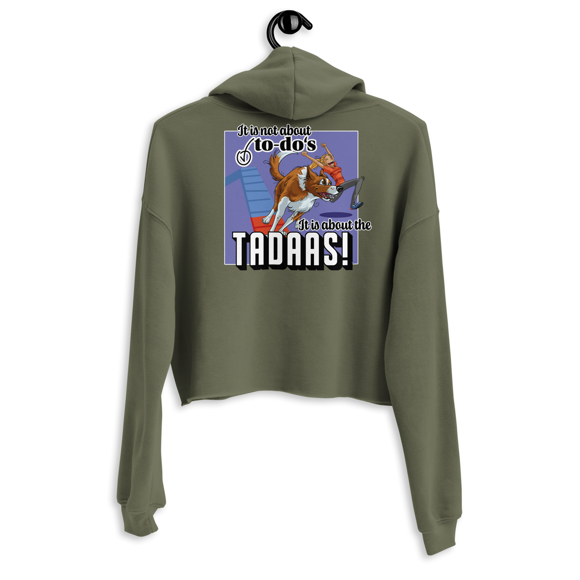 Crop-Hoodie "Tadaaa" - Lustiger Aufnäher für Hundeliebhaber und Sportbegeisterte mit modernem Design auf leichtem Oberteil der Marke Klexgetier