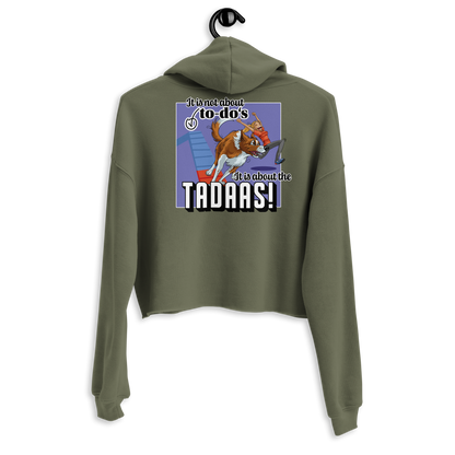 Crop-Hoodie "Tadaaa" - Lustiger Aufnäher für Hundeliebhaber und Sportbegeisterte mit modernem Design auf leichtem Oberteil der Marke Klexgetier