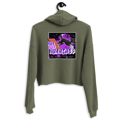 Crop-Hoodie "Runnings Pink" von der Marke Klexgetier. Der Hoodie zeigt ein auffälliges Design mit Hund und lila Farbspritzern. Er ist für Hundeliebhaber und Sportbegeisterte geeignet.