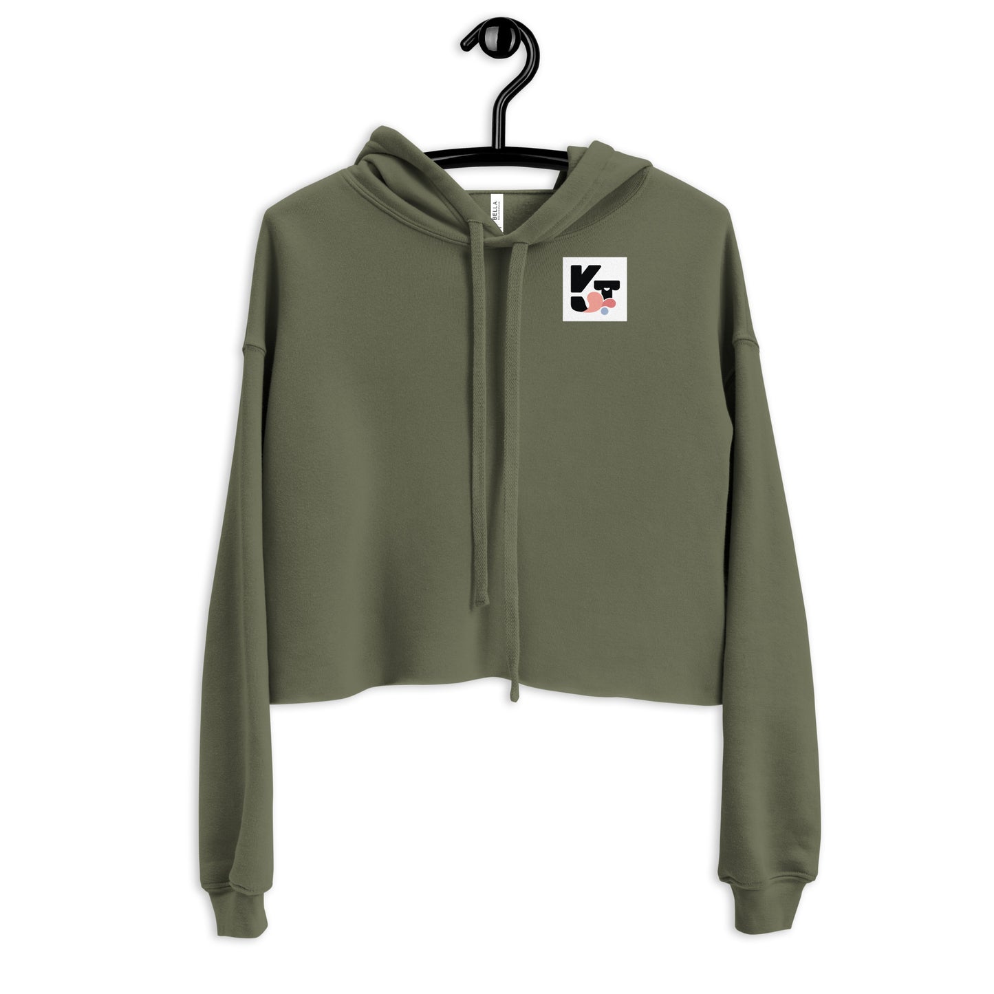 Stylischer Crop-Hoodie "Heartwarming" von Klexgetier in Olivgrün mit Logomotiv auf der Vorderseite. Lässiges, sportliches Design ideal für Hundeliebhaber und Agility-Fans.